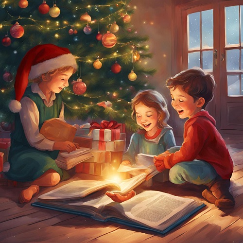 llustracja przedstawiająca dzieci czytające książkę przy choince. Ilustracja powstała przy wykorzystaniu AI.