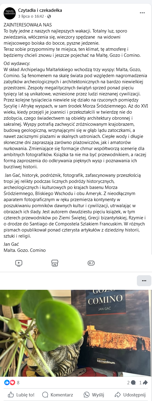 Post na Fabebooku rekomendujący książkę "Malta, Gozo, Comino" Jana Gacia