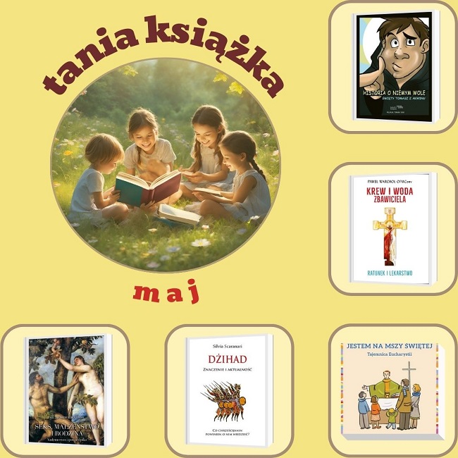 Grafika prezentująća książi dostępne w ofercie promocyjnej "Tania książa na maj 2025"