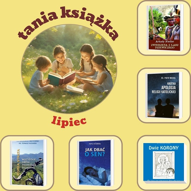 Grafika prezentująca ofertę promocyjną "Tania książka na lipiec"